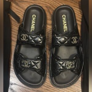 CHANEL *NEW* DAD SANDAL SLIDES. SIZE 36.5. BLACK QUILTED LAMBSKIN.